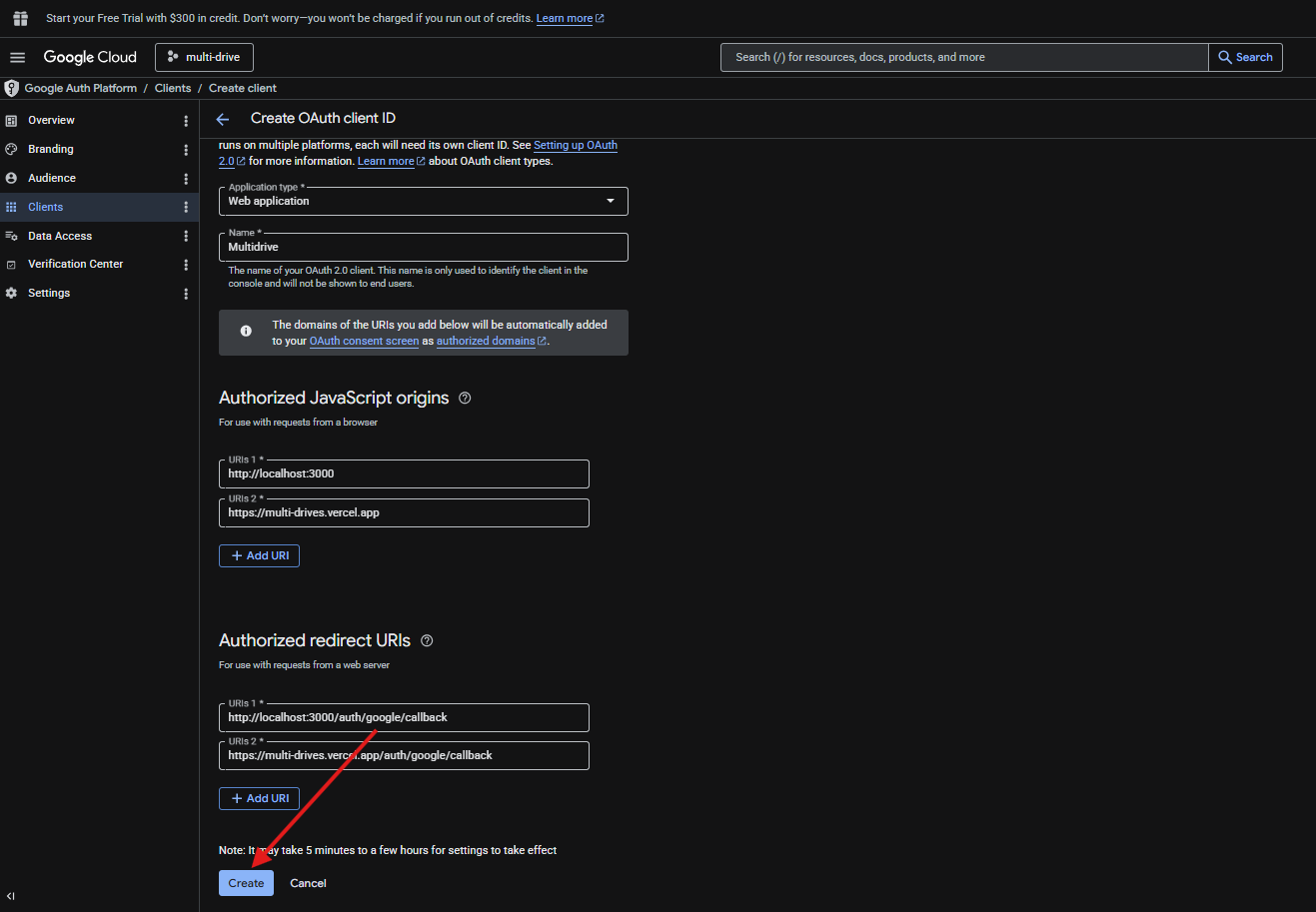 Set redirect URIs and create OAuth client